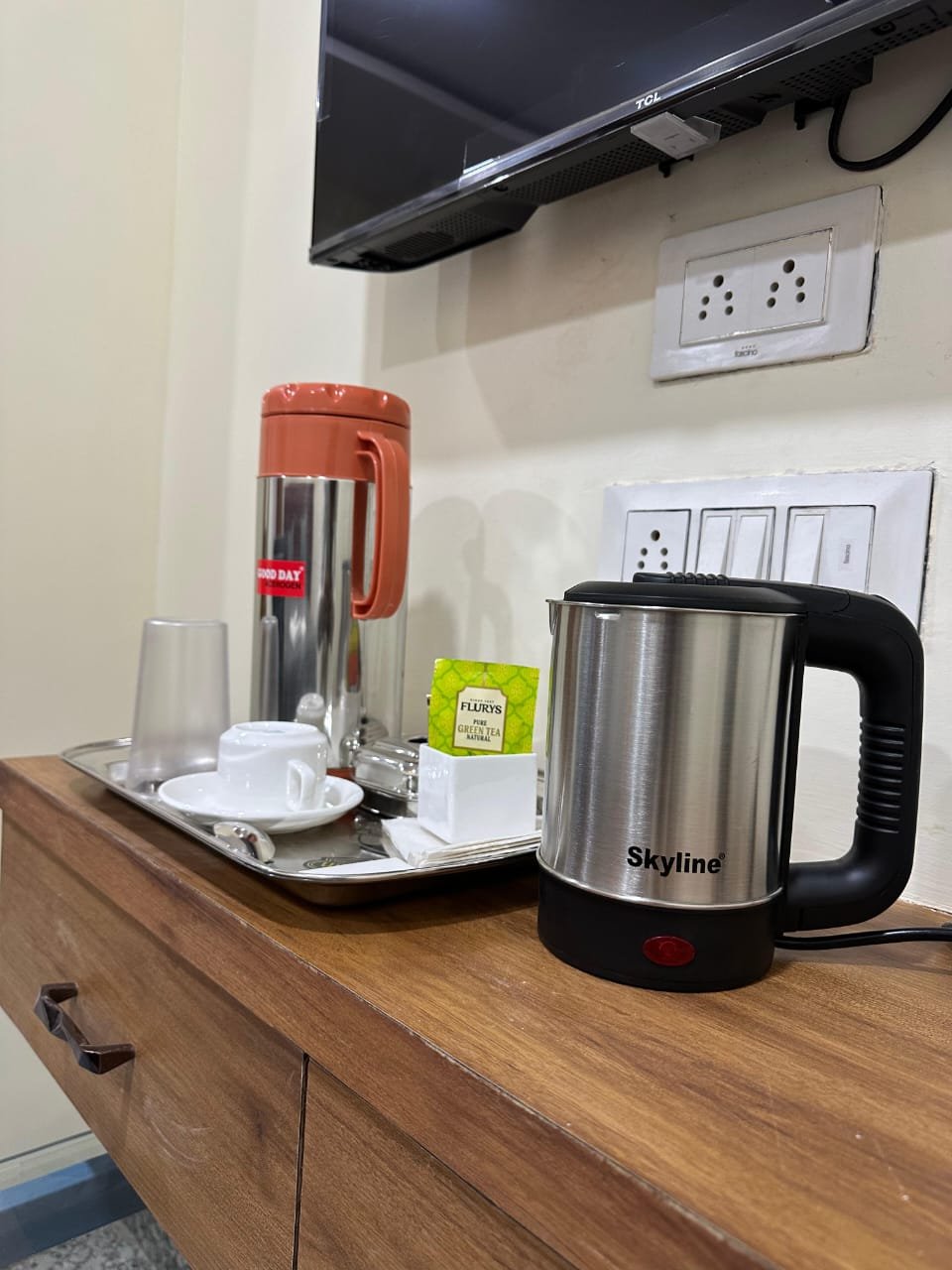 In-room tea and coffee tray with electric kettle